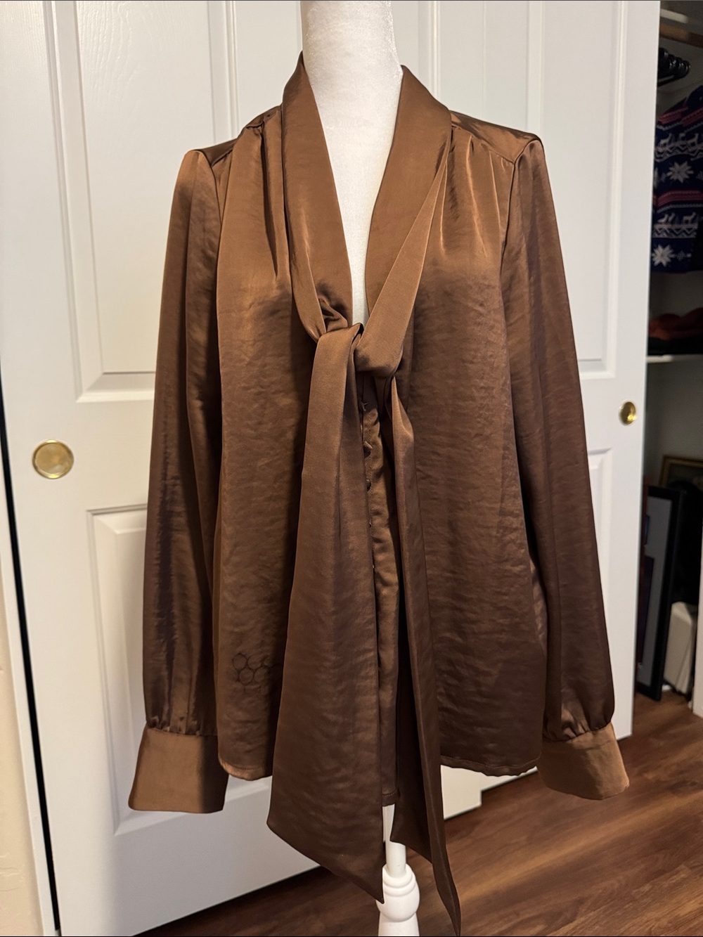 Francesca's Collections Brown Satin Tie-Neck Button Down Shirt